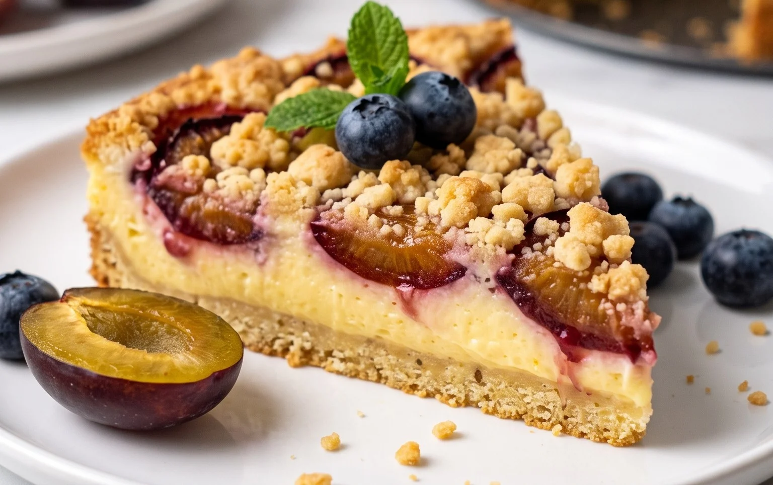 Zwetschgenkuchen mit Pudding und Streuseln – die Cremeschicht wird gleich mitgebacken!